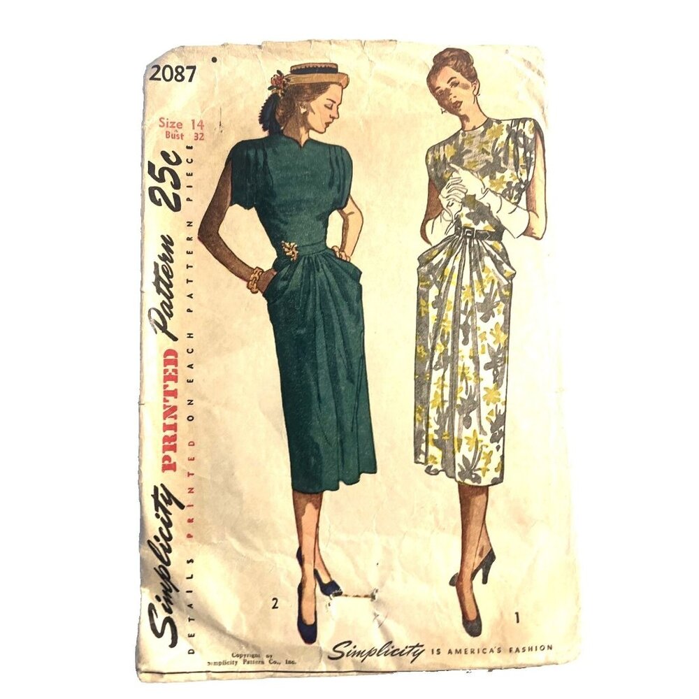 Simplicity 2087 Dress Shoulder Tucks Gathered Front Skirt Drapery Pocket Bust 32